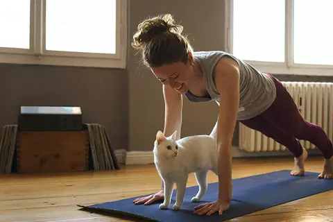 Frau macht Yoga gegen Menstruationsbeschwerden
